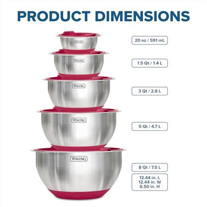 Viking Mixing Bowls Set, 10 Piece Stainless Steel Kitchen Cookware, Non-Slip Silicone Base, Includes Tight Fit Lids, Dishwasher Safe, Red - color: Red