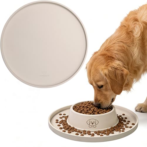 Arespark Dog Food Mat, Nonslip Waterproof Dog Silicone Feeding Bowl Mat with Raised Edges for Floors Prevent Spills, Round Eating Plate Puppy Supplies 10inch (Off White, 1 Pack)