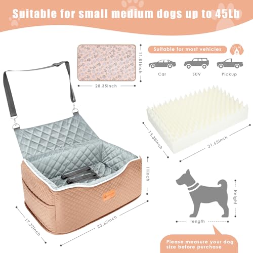 AlfaTok Memory Foam Booster Dog Car Seat Medium Dogs, Elevated Pet Car Seat Under 45 LBS, Detachable Washable, Anti-Slip Dog Booster Seat for Car Back Seat Only, Travel Dog Car Bed, Dog Seat Belt - color: Brown