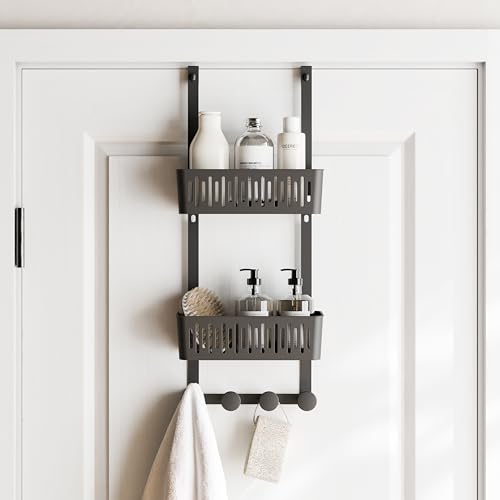 Zenna Home SnugFit Over the Door Caddy Organizer with 2 Storage Baskets and 4 Hooks, Over Door Hanging Organizer for Bathroom, Kitchen, Bedroom, Closet, Easy to Install, No Drilling, Black