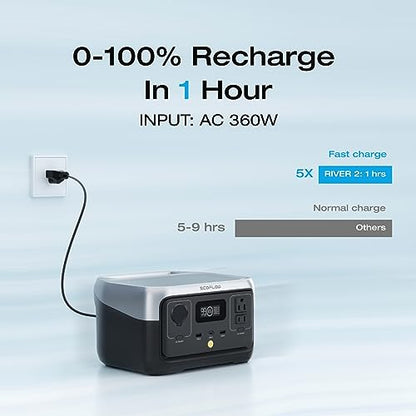 EF ECOFLOW RIVER 2 Portable Power Station with Solar Charge CableXT60i (2.5M/8Ft), 256Wh LiFePO4 Battery, 1-Hour Fast Charge, Up to 600W AC Outlets, Solar Generator for Camping/Outdoor - style: RIVER 2+Solar CABLE