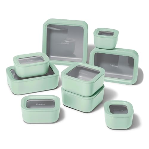 Caraway 22pc Glass Food Storage Set - Storage Containers for Food - Non-Toxic Ceramic-Coated Glass - Air Release Technology - Compact & Stackable Design - Mist - color: Mist, size: Food Storage Set (22x)