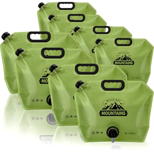 LemonRoad 8 Pack Collapsible Water Container 2.1 Gallon 8L Foldable Water Storage Bag with Spigot, Sturdy Leakproof Jug for Camping, Hiking, Emergency (Green) - color: Green