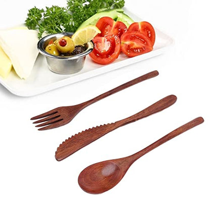 3-Piece Wooden Cutlery Set, Portable Reusable Wooden Utensil Set Including Spoon Fork Knife and Box for Lunch, Camping, Family and Office