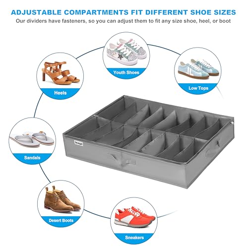 INAYA Under Bed Shoe Storage Organizer Set of 2, Fits 32 Pairs, Underbed Shoe Box Storage Containers Adjustable Dividers w/Bottom Support, Clear Foldable Shoes Storage w/Reinforced Handles - size: 16+16 Cells (Adjustable Dividers)