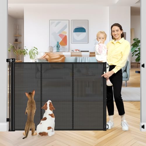 Reinforced 42 Inch Extra Tall Retractable Dog Gate with Reinforced Strips 55 Inch Wide Retractable Baby Gates for Doorways Anti-Scratch Extra Tall Dog Gate Outdoor Pet Gates for Dogs Indoor, Black - color: Black, size: 42" Tall x 55" Wide（ With Reinforced