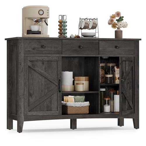 VASAGLE LIRY Collection - Coffee Bar Cabinet, Kitchen Storage Cabinet with 3 Drawers, Farmhouse Sideboard with Adjustable Shelf for Kitchen, Antique Charcoal UBBK371B02V1 - color: Antique Charcoal, size: 3 Drawers + 2 Doors (45.1"W)