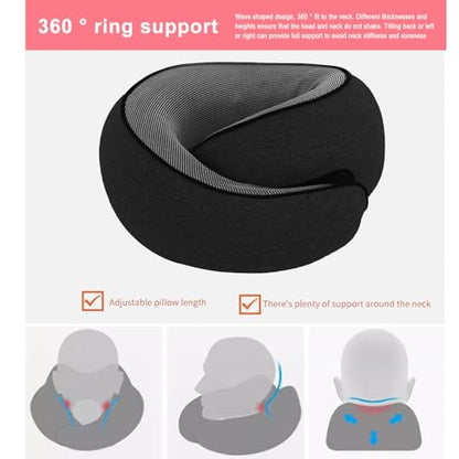 Cloud Sleep Travel Pillow｜360° Adjustable Neck Pillow for Airplane & Office｜NASA Memory Foam｜Free Eye Mask & Earplugs (Black) - color: Black