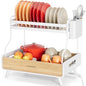 Urackify 2-Tier Dish Drying Rack, Large Stainless Steel & Bamboo Dish Rack for Kitchen Counter, Dish Drainers with Adjustable Automatic Spout, Drying Rack Kitchen with Utensil Holder, White - color: White, size: 2 Tier