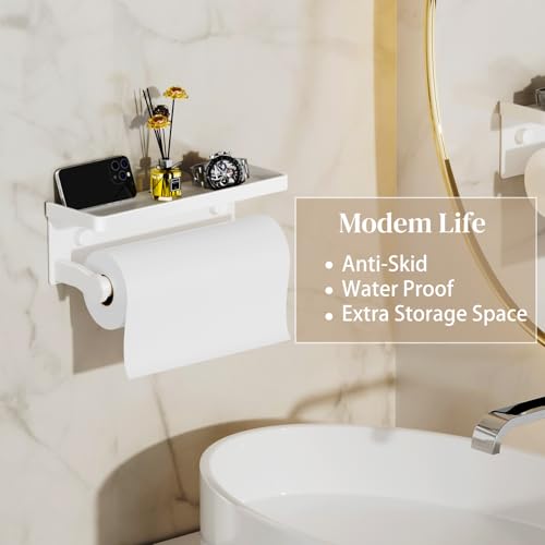 White Paper Towel Holder with Shelf, Wall Mount Paper Towel Holder for Bathroom Kitchen, Hand Towel Rack Holder,Paper Roll Holder with Self Adhesive & Screw,RV - color: White Pro