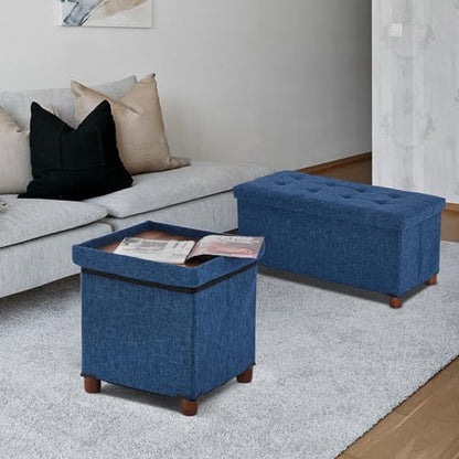 15 Inch Storage Ottoman with Wooden Legs - Cube Foot Rest Stool, Square Footstool, Comfortable Seat with Lid, Foldable Fabric Ottoman, Space-Saving Navy - color: Squ Blue