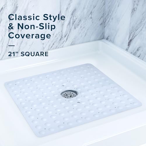 SlipX Solutions Square Natural Rubber Shower Stall Mat, 21” x 21”, Mildew Resistant, Non Slip Safety, Antimicrobial Product Protection, 140 Power Grip Suction Cups, Center Drain Hole, White - color: White