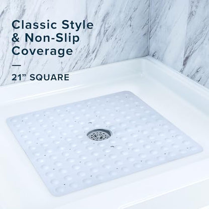 SlipX Solutions Square Natural Rubber Shower Stall Mat, 21” x 21”, Mildew Resistant, Non Slip Safety, Antimicrobial Product Protection, 140 Power Grip Suction Cups, Center Drain Hole, White - color: White