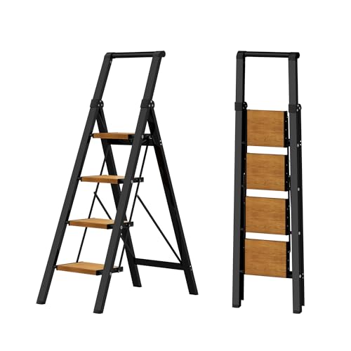 HillhutApex Step Ladder, Aluminum Lightweight Folding 4 Step Stool with Anti-Slip Wide Pedal, 330lbs Capacity Steel Ladder for Household and Office - color: Black&woodgrain, size: 4 Step With Handrail