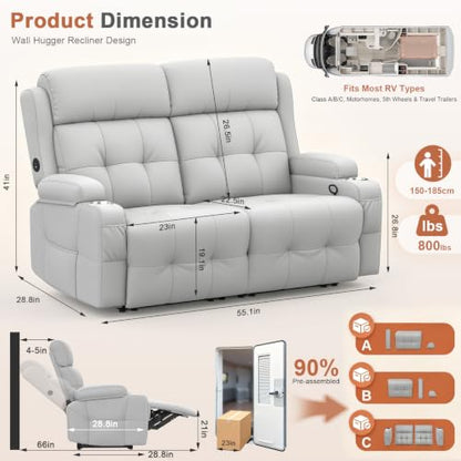 RV Loveseat Recliner Sofa, Reclining Loveseats Couch for RV Furniture, Home Theater Seating with Massage, USB, Insert Pockets, Cup Holders, 150° Wall Hugger RV Recliners Sleeper Sofa - color: Light Gray, size: Loveseat-G1
