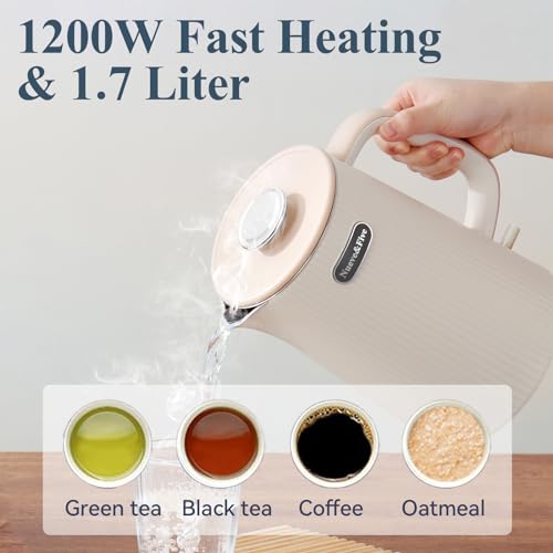 Nueve&Five 1.7L (57oz) Large Electric Kettle Perfect for 7+Cups of Tea and Coffee,2 quarts Double Wall Big Electric Tea Kettle,Auto Shut Off,1200W Hot Water Kettle Electric -Cream White - color: White