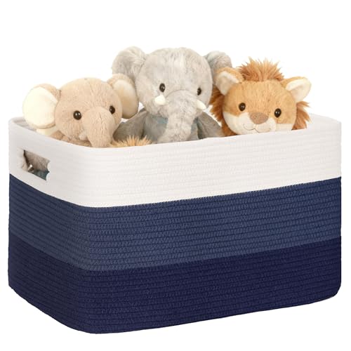 45L Small Laundry Basket with Leather Handles for Living Room Storage, Woven Rope Baskets Bin for Blanket, Kids Toy, Gifts, Wicker Hamper for Bedroom Dirty Clothes, 18"x14"x11" Gradient Blue - color: Gradient Blue, size: 45L