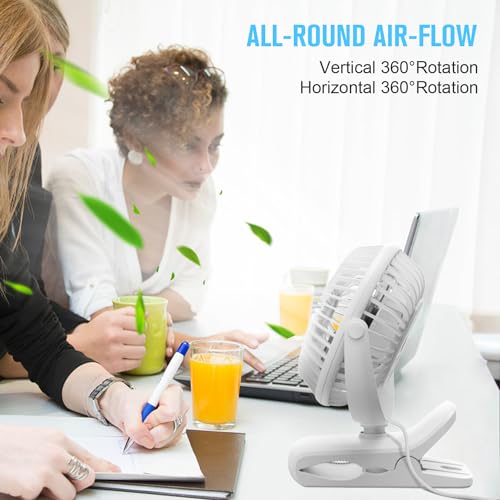 BESKAR Clip on Fan, 360° Rotation Quiet Stroller Fans with Strong Airflow,3 Speeds, Portable Small Fans with Sturdy Clamp,Perfect Personal Cooling Fan for Office Table Bedroom Kitchen - color: White