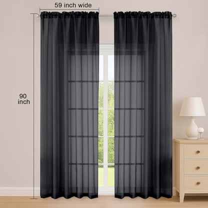 OWENIE Black Sheer Curtain 90 Inches Long 2 Panels Set, Solid Filmy Drapes for Living Room Bedroom, Elegant Window Voile Sheer Curtain Panels Drapes, 2 Pcs, Each 59W x 90L Inch - color: Black, size: 59"W x 90"L (Pack of 2)