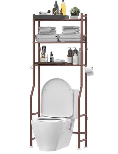 Livilord 3-Tier Over The Toilet Storage, Freestanding Metal Bathroom Shelves with 4 Hooks, Over Toilet Storage Shelf with Paper Holder, Above The Toilet Shelf for Bathroom Storage, Bronze - color: H-bronze