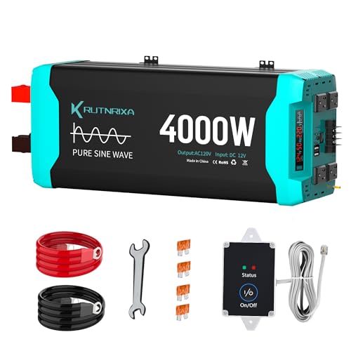 4000W Pure Sine Wave Inverter Peak 8000w 12V DC to 120V AC for RV, Truck, Off-Grid, Home, Solar Car Power Inverter with Dual AC Hardwire Port, 20A Socket, 5V 2.1A USB - size: Pure sine 4000w