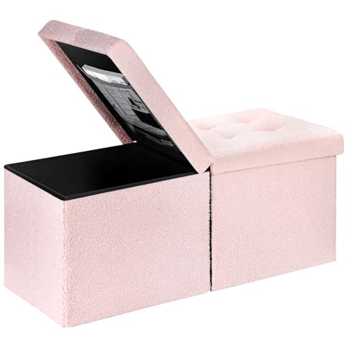 Folding Ottoman Bench with Storage - 34Inches Teddy Velvet Foot Stool Ottoman Bench, Padded Seat, Storage Chest, Blanket Store for Entryway, Livingroom and Bedroom, Pink (34" D x 13" W x 13" H) - color: Pink 2 Pack, size: 34"D x 13"W x 13"H