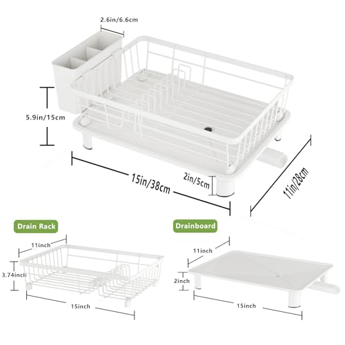 Dish Drainer Rack with Drip Tray, Sink Dish Drainer with Drainage Spout, Stainless Steel Dish Drying Rack with Cups, Utensil & Cutting Board Holders for Kitchen Counter Space-Saving, White - color: White
