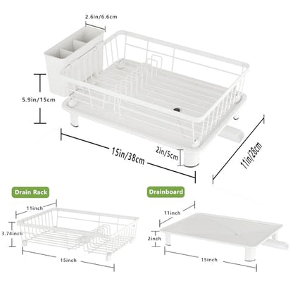 Dish Drainer Rack with Drip Tray, Sink Dish Drainer with Drainage Spout, Stainless Steel Dish Drying Rack with Cups, Utensil & Cutting Board Holders for Kitchen Counter Space-Saving, White - color: White