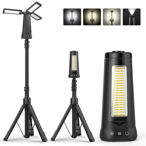 Dimgogo15000mAh Rechargeable Camping Light, Portable LED Work Light | Standing Light with 7ft Max Height, 5500 Lumen 6500/4500/3500K Dimmable Emergency Flashlight , Detachable Tripod, Black - color: Black