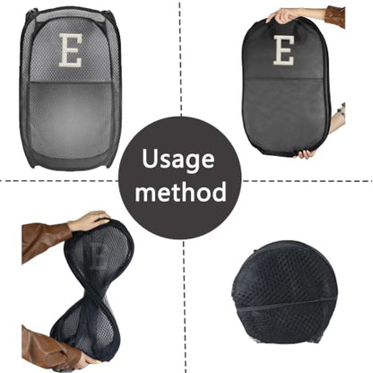 Collapsible Pop Up Laundry Hamper, Extra Large with Removable Initial Letter E, Mesh Foldable Laundry Basket, 28" x 16" x 16" (Black) - color: 1P BlackE