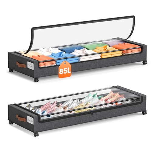 Yecaye 85 L Under Bed Storage with Wheels, 2 Pack Extra Large Under Bed Storage Containers with Metal Frame & Clear Lid, Rolling Underbed Organizer Bins Drawers for Clothes, Shoes, Blankets, Hemp Grey - color: Grey, size: Extra Extra Large(2pack)