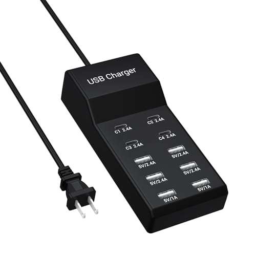 10-Port USB C Charger Block (6 USB-A Port & 4 USB-C Port), 50W10A Multiport Charger Hub for iPhone, Galaxy, iPad & More, 3.3FT - color: Black, size: 10 Port (6 USB-A, 4 USB-C)