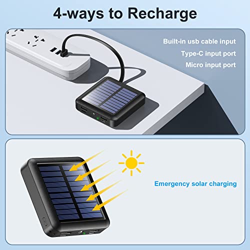 Solar Portable Charger 12000mAh, Small Solar Power Bank, USB C Input/Output External Battery with Built-in 4 Cables, Two-Hand Flashlight, Suitable for iPhone, Tablet Computers and Samsung - color: black