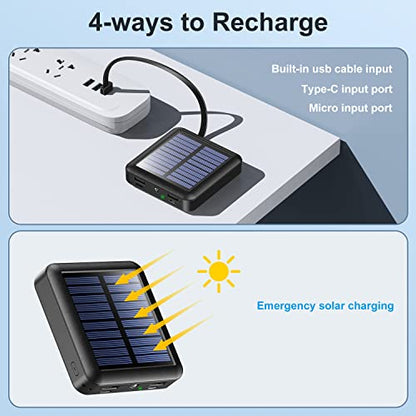 Solar Portable Charger 12000mAh, Small Solar Power Bank, USB C Input/Output External Battery with Built-in 4 Cables, Two-Hand Flashlight, Suitable for iPhone, Tablet Computers and Samsung - color: black