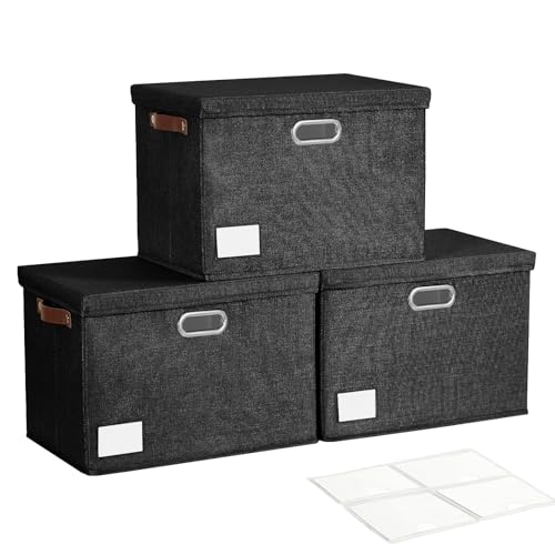 Roobyl 17" Large Collapsible Storage Bins with Lids, Stackable Closet Organizers with PU Handle and Labels, 3-Pack Decorative Fabric Storage Boxes for Home, Bedroom, Closet, Office, Nursery(Black) - color: Black, size: Large-17"
