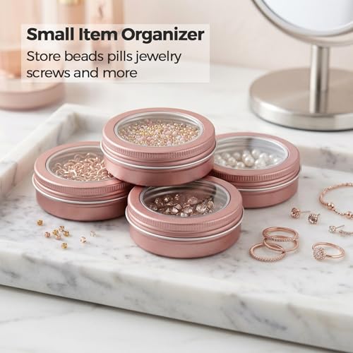 2 oz (60ml) Rose Gold Aluminum Tins with Clear Lids and Labels, 24 Pack | Clear View Lid, Secure Packaging, Tight Screw Lids, Includes Blank Labels, 11 Color Options - color: Rose Gold