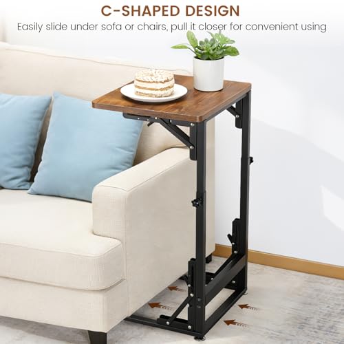 Folding Side Table, Adjustable C-Shaped End Table for Couch, Metal Frame TV Tray Table for Sofa Living Bedroom Bedside Coffee Small Spaces (Brown, 15.8" L x 11.8" W) - size: 15.8"L x 11.8"W