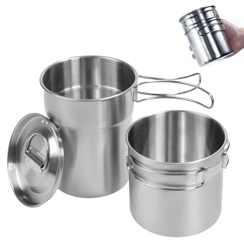 KOKKOYA Foldable Camping Cups Mugs Camping Pot Cookware 304-Food-Grade Outdoor Camp Cooking Set with Vented lid,Stainless Steel Backpacking Cookware for Hunting - color: silvery