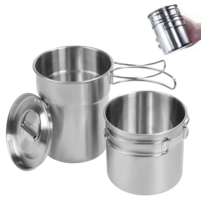 KOKKOYA Foldable Camping Cups Mugs Camping Pot Cookware 304-Food-Grade Outdoor Camp Cooking Set with Vented lid,Stainless Steel Backpacking Cookware for Hunting - color: silvery