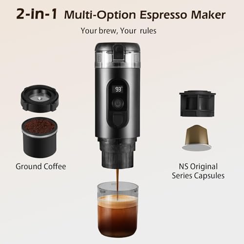 Portable Electric Espresso Machine, 20 Bar Self Heating Small Travel Car Coffee Maker Compatible with Ground Coffee & NS Capsule for Camping RV Hiking Office(Black)