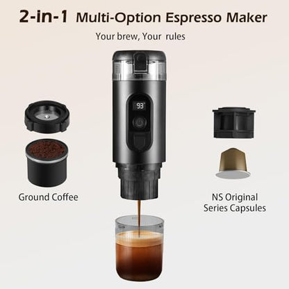 Portable Electric Espresso Machine, 20 Bar Self Heating Small Travel Car Coffee Maker Compatible with Ground Coffee & NS Capsule for Camping RV Hiking Office(Black)