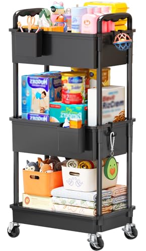 SUNALLY Baby Diaper Caddy Cart, 3 Tier Rolling Diaper Cart with Lockable Wheels for Nursery Essentials, Large Capacity & Easy Assemble Diaper Storage Organizer for Newborn,New Mom, Black - color: Black