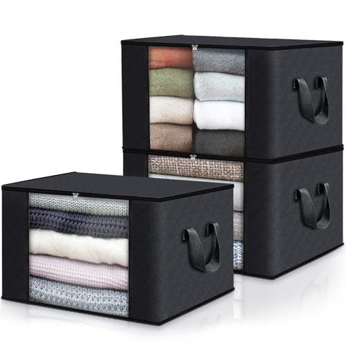 Fab totes Storage Bags,Clothes Blanket Storage Bins Foldable Closet Organizers with Reinforced Handle for Home Dorm Storage and Organization,Fabric Bags for Organizing Sheets,Clothing (Black,3 Pack) - color: Black, size: 3 Pack-60l