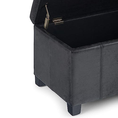 SIMPLIHOME Dover Storage Ottoman Bench - 36 inch Wide Upholstered Vegan Leather Rectangular Lift-Top Ottoman in Distressed Black, Contemporary Bench for Living Room with Safety Hinges - color: Distressed Black