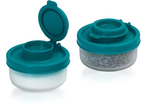 SIGNORAWARE Salt and Pepper Shakers Moisture Proof Set of 2 Small Mini Salt Shaker to go Camping Picnic Outdoors Kitchen Lunch Boxes Travel Spice Set Clear with Red Covers Plastic Airtight Dispenser - color: Teal