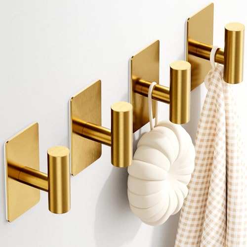 GWAAZXGZ Towel Hooks for Bathrooms – 4 Pack, Brushed Gold Finish, T-Shaped Stainless Steel Adhesive Wall Hooks for Robes & Towels in Kitchen, Shower, or Closet - color: Gold, size: 4 Pack