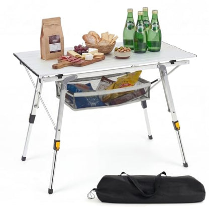 Camping Table Portable Foldable with Adjustable Legs, Aluminum Roll Up Table with Large Mesh Storage Layer & Carrying Bag, Lightweight Outdoor Picnic Table for Camping, Beach, BBQ, Backyard