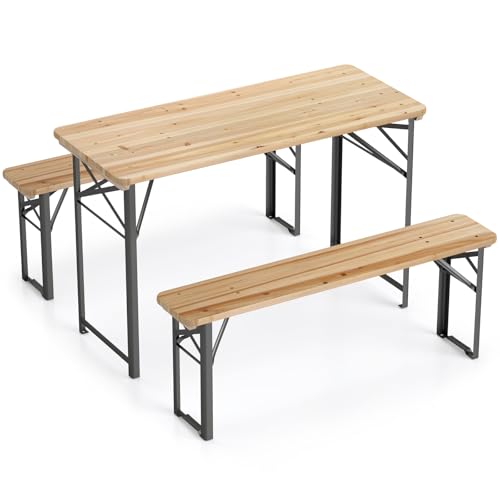 Tangkula 3 Piece Folding Picnic Table with 2 Benches, Foldable Wood Picnic Table Bench Set with Heavy-Duty Metal Frame for 4, Space-Saving Outside Table and Bench Set for Backyard, Patio, Garden