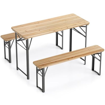 Tangkula 3 Piece Folding Picnic Table with 2 Benches, Foldable Wood Picnic Table Bench Set with Heavy-Duty Metal Frame for 4, Space-Saving Outside Table and Bench Set for Backyard, Patio, Garden