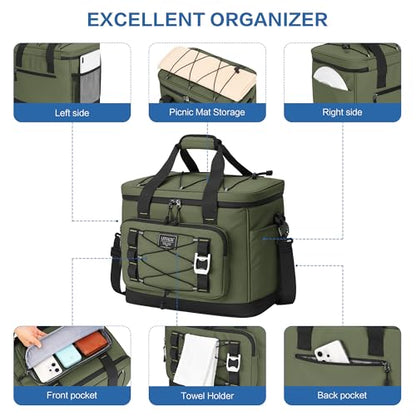 Large Insulated Cooler Bag, 50 Can Soft Sided Collapsible Ice Chest for Camping, Travel, Grocery, Kayaking & Beach (Waterproof, Leak-Proof, 30L) - color: Army Green